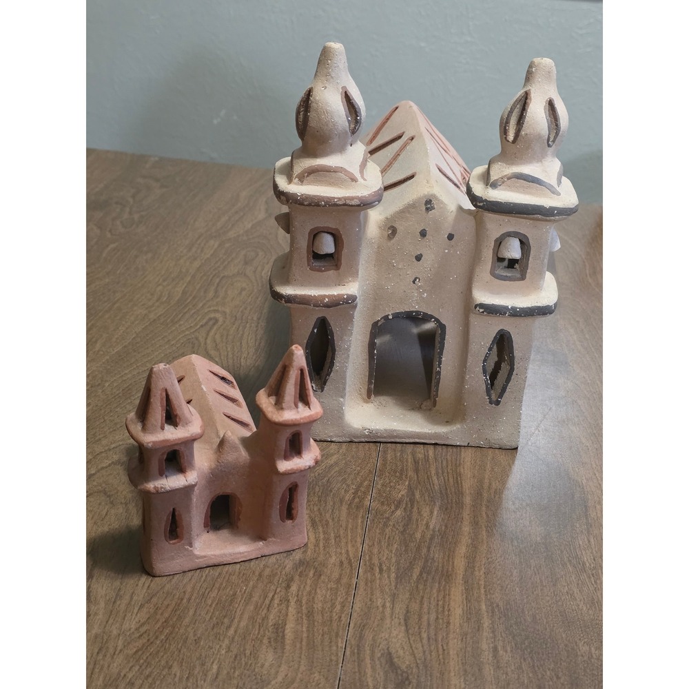 Vintage Mexican Folk Art Terracotta Church Pottery Set 2 Piece Mission Luminary